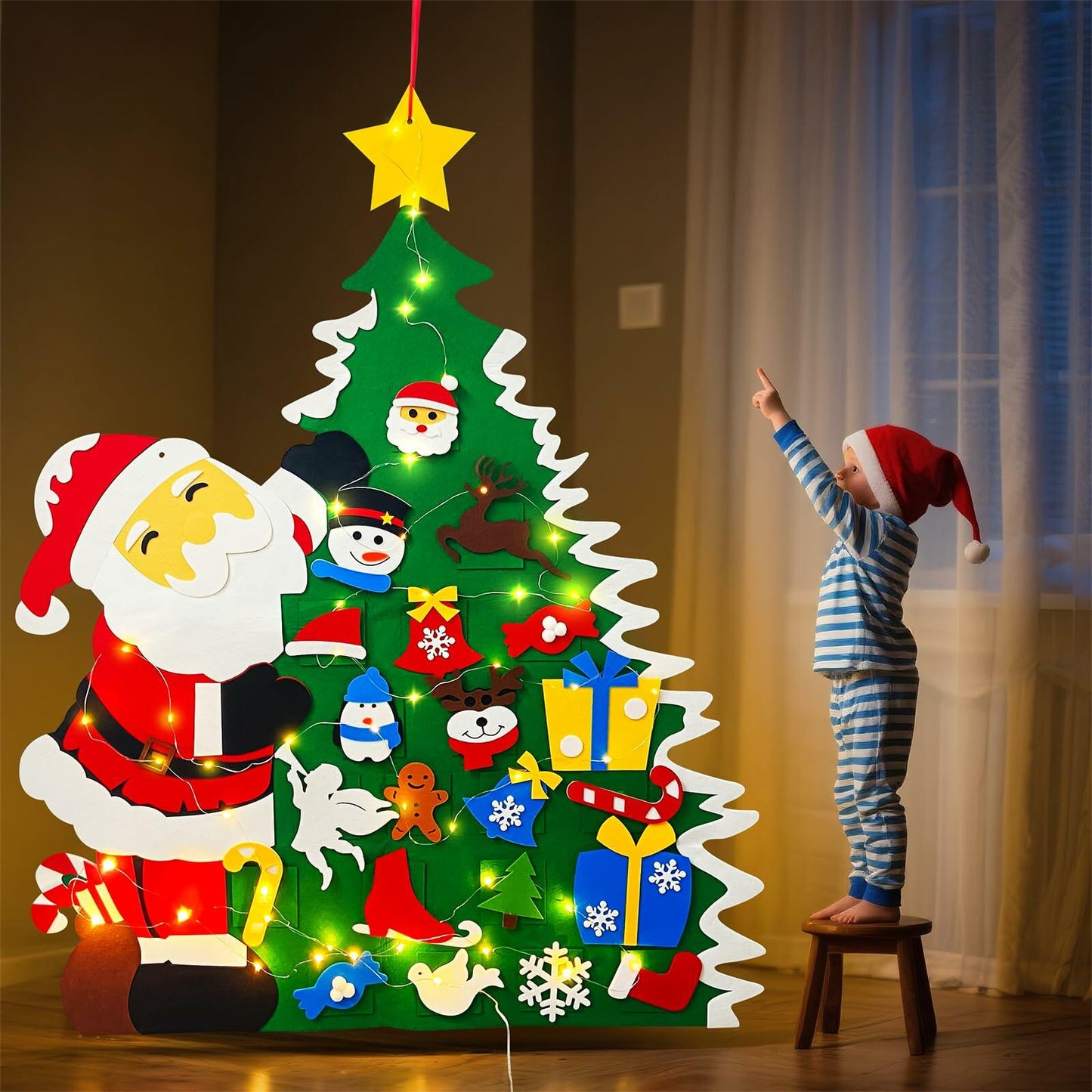JUN-ELECTRON DIY Felt Christmas Tree Set 3.2Ft Green with Ornaments & Lights