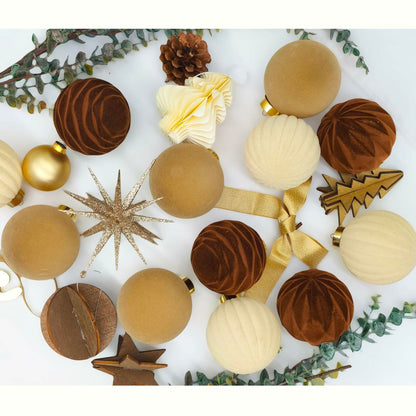 Obgora 15PCS Velvet Flocked Christmas Ornaments 3.15in Brown Light Coffee Beige
