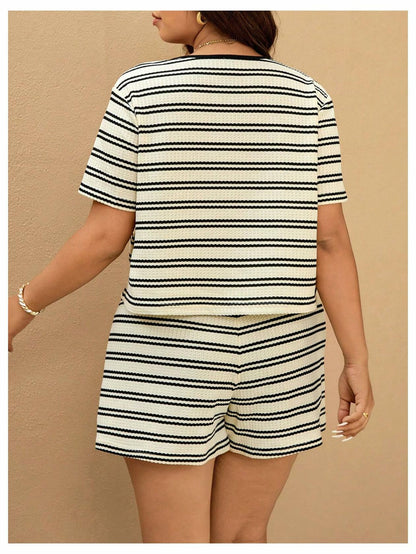 RoseSeek Women's Plus Size Striped Tie Front Top & Shorts Set Black/White XXL