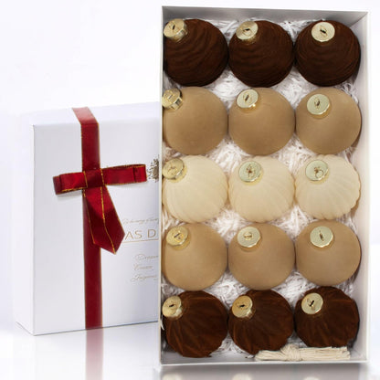 Obgora 15PCS Velvet Flocked Christmas Ornaments 3.15in Brown Light Coffee Beige