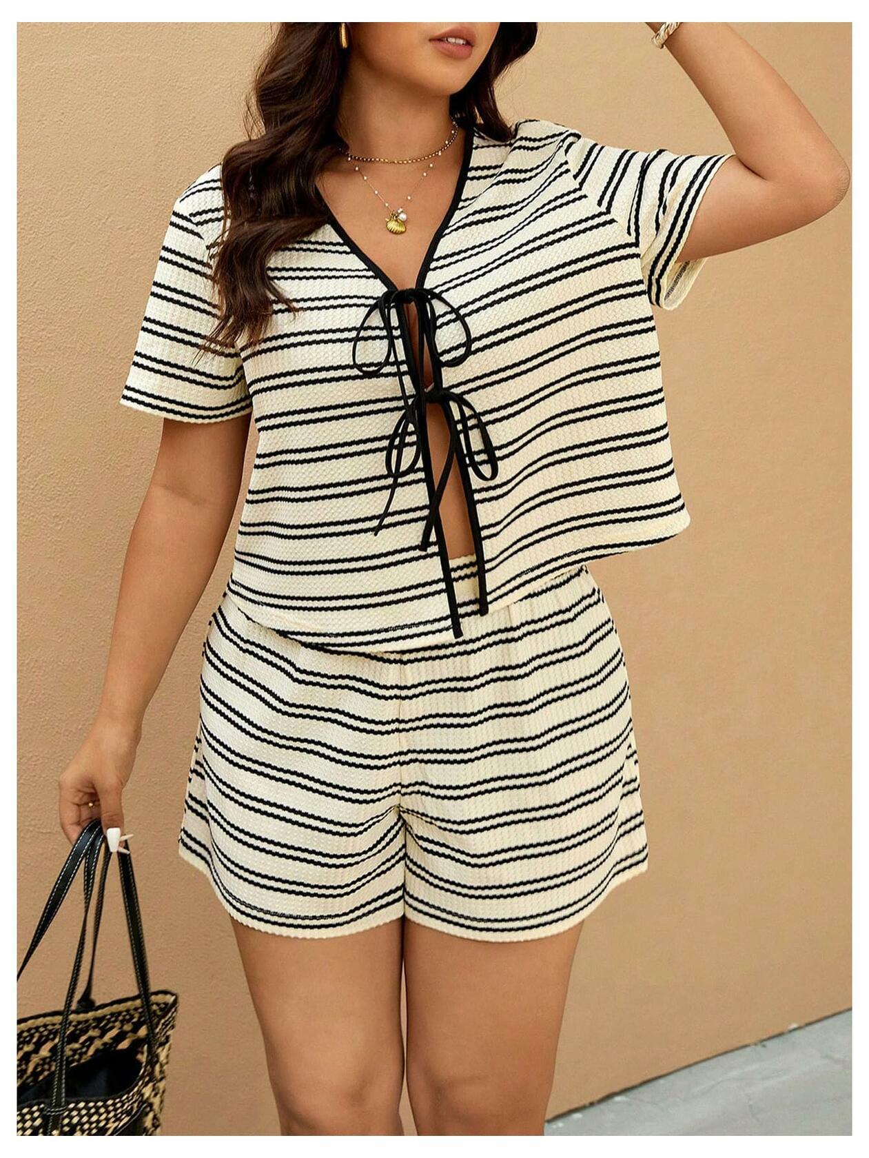 RoseSeek Women's Plus Size Striped Tie Front Top & Shorts Set Black/White XXL