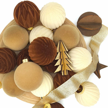 Obgora 15PCS Velvet Flocked Christmas Ornaments 3.15in Brown Light Coffee Beige