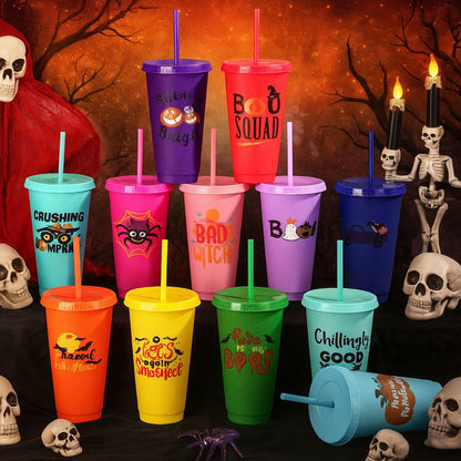 SiliFine 24oz Reusable Plastic Halloween Cups with Lid & Straw 24 Pcs