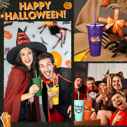 SiliFine 24oz Reusable Plastic Halloween Cups with Lid & Straw 24 Pcs