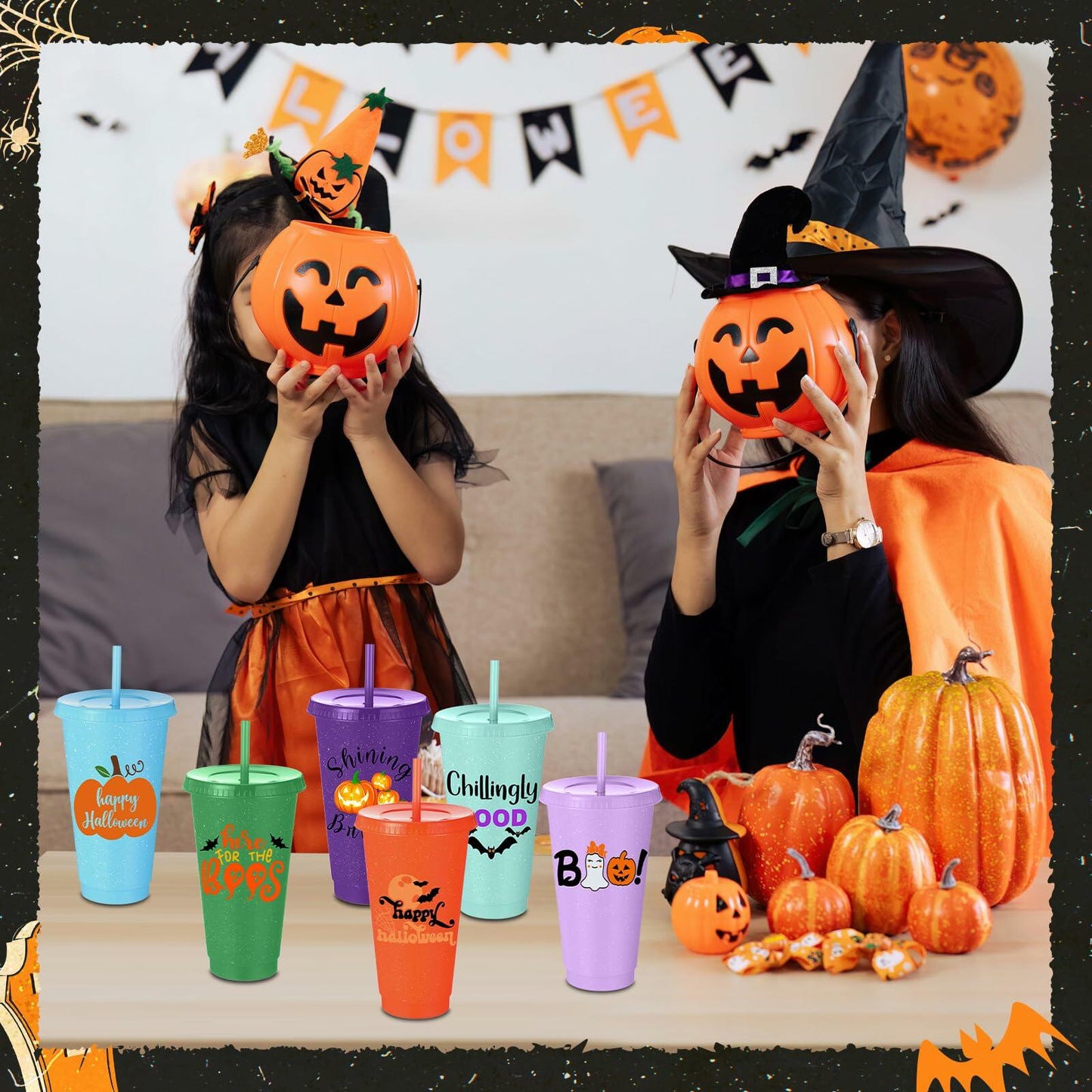 SiliFine 24oz Reusable Plastic Halloween Cups with Lid & Straw 24 Pcs