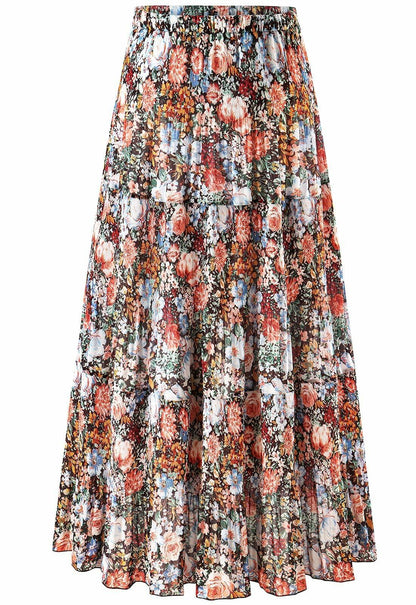 Wielsscca Women's Pleated Floral Chiffon Maxi Skirt Light Green Size L