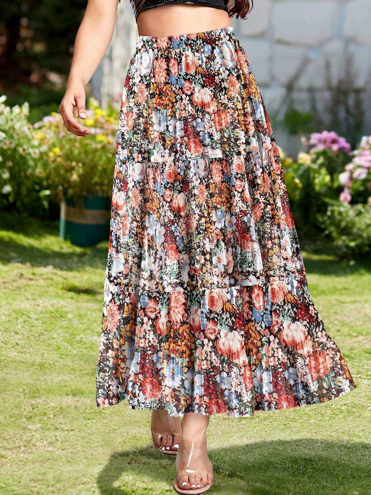 Wielsscca Women's Pleated Floral Chiffon Maxi Skirt Light Green Size L