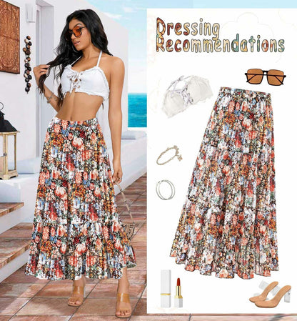 Wielsscca Women's Pleated Floral Chiffon Maxi Skirt Light Green Size L
