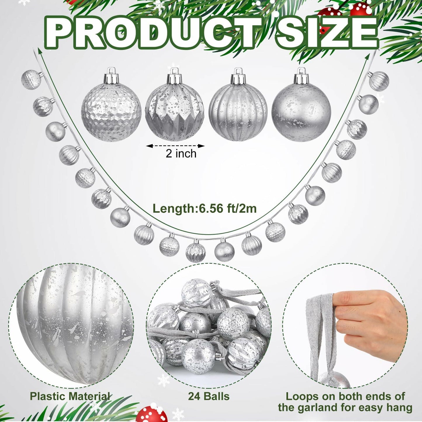 Motionchic 6.5ft Silver 24 Ball 2in Shatterproof Ornament Garland