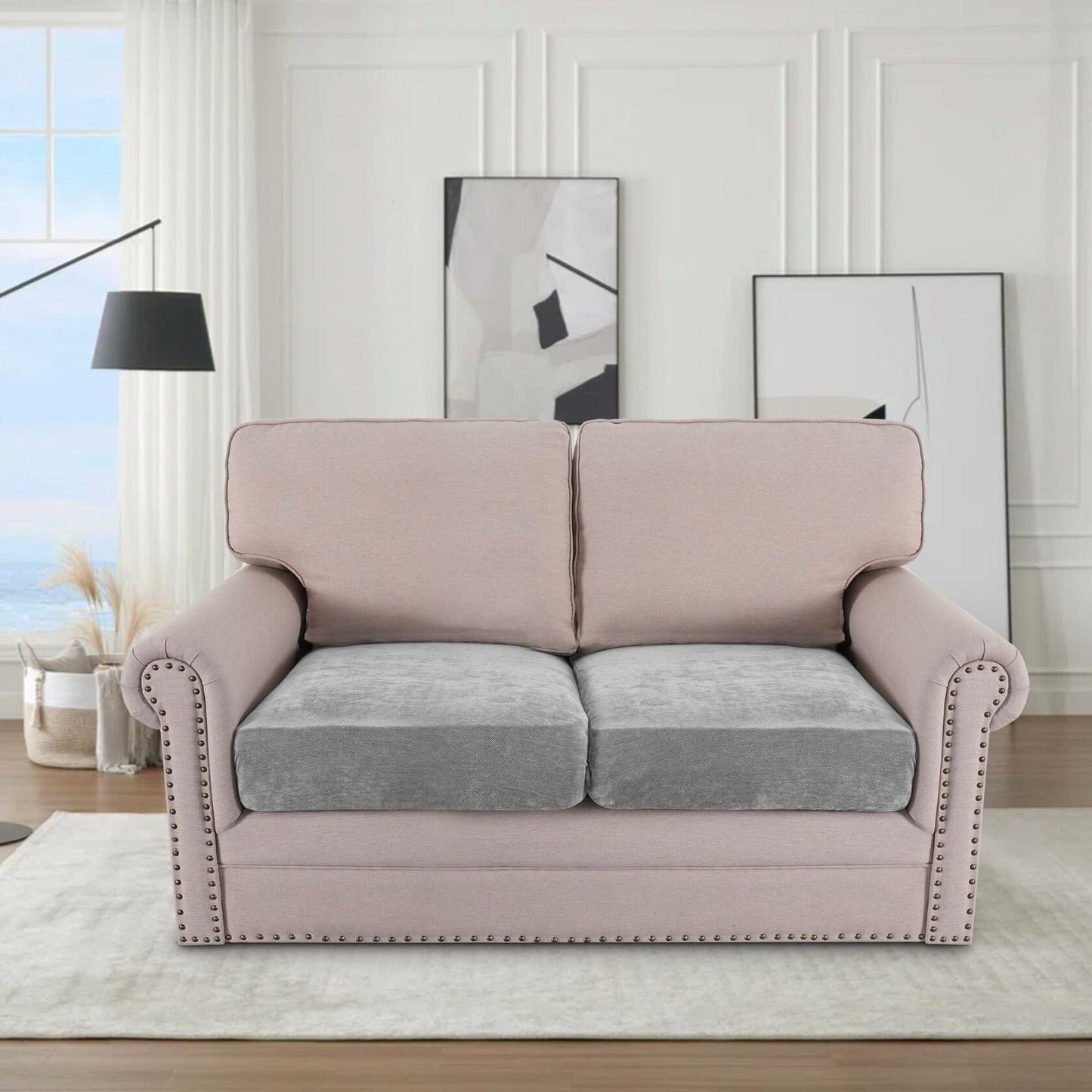 H.VERSAILTEX Chenille Loveseat Couch Cover 2pc Non-Slip Elastic Dove