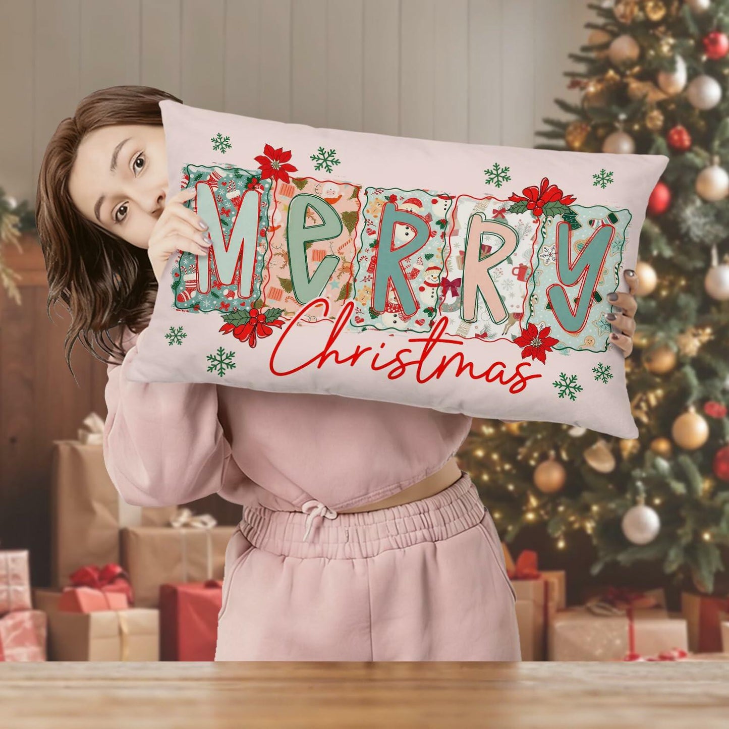 MOLYUB Pink Merry Christmas Floral Pillow Cover 12x20 Inches Polyester