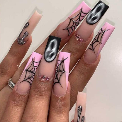 HPYFOI Halloween Press On Nails Long Coffin Matte Spider Web Ghost 24Pc