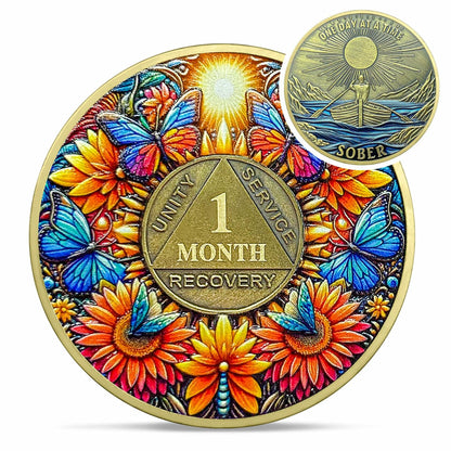 Sunflower 1 Year Sobriety Coin AA NA Recovery Medallion Butterfly Gift