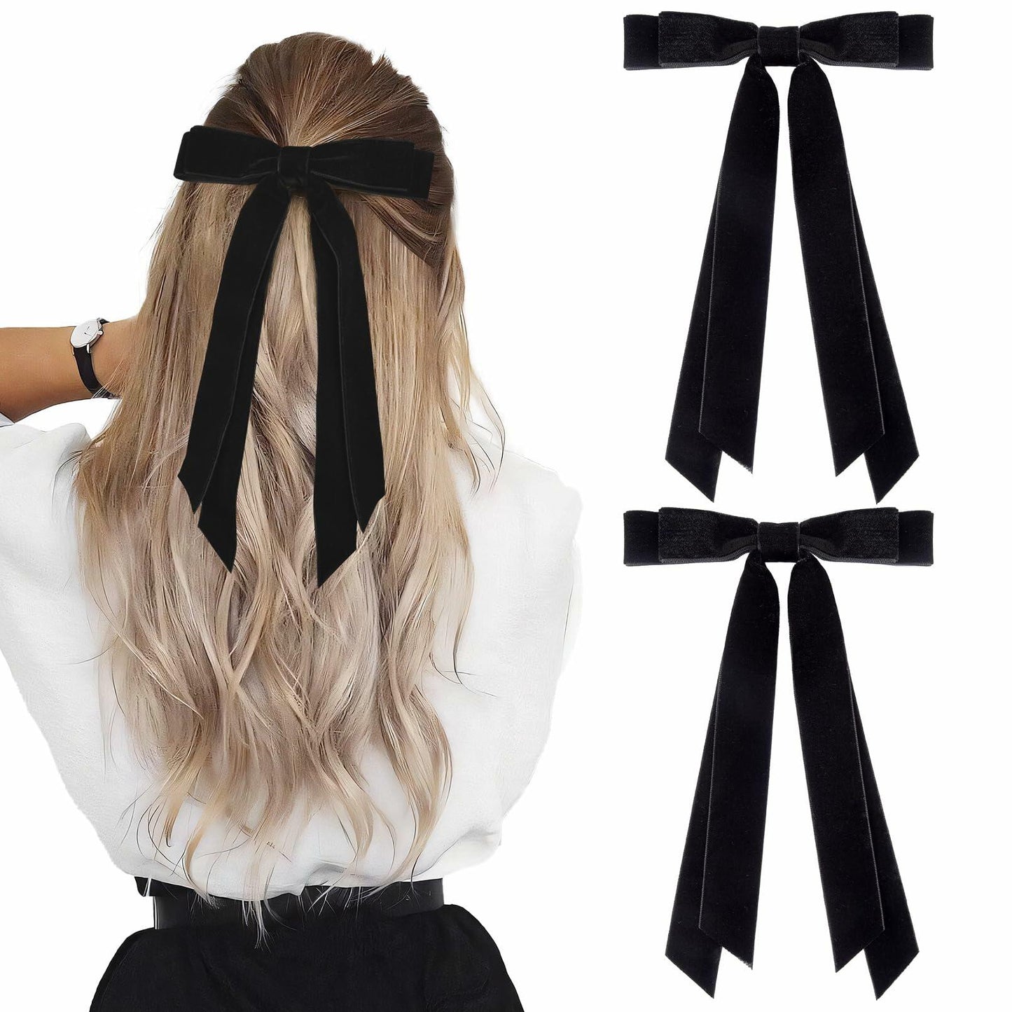 Aileam 2PCS Black Velvet Hair Bows Ribbon Clips Metal Ponytail Holder