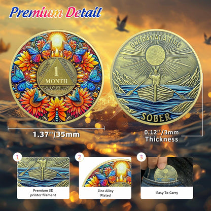 Sunflower 1 Year Sobriety Coin AA NA Recovery Medallion Butterfly Gift