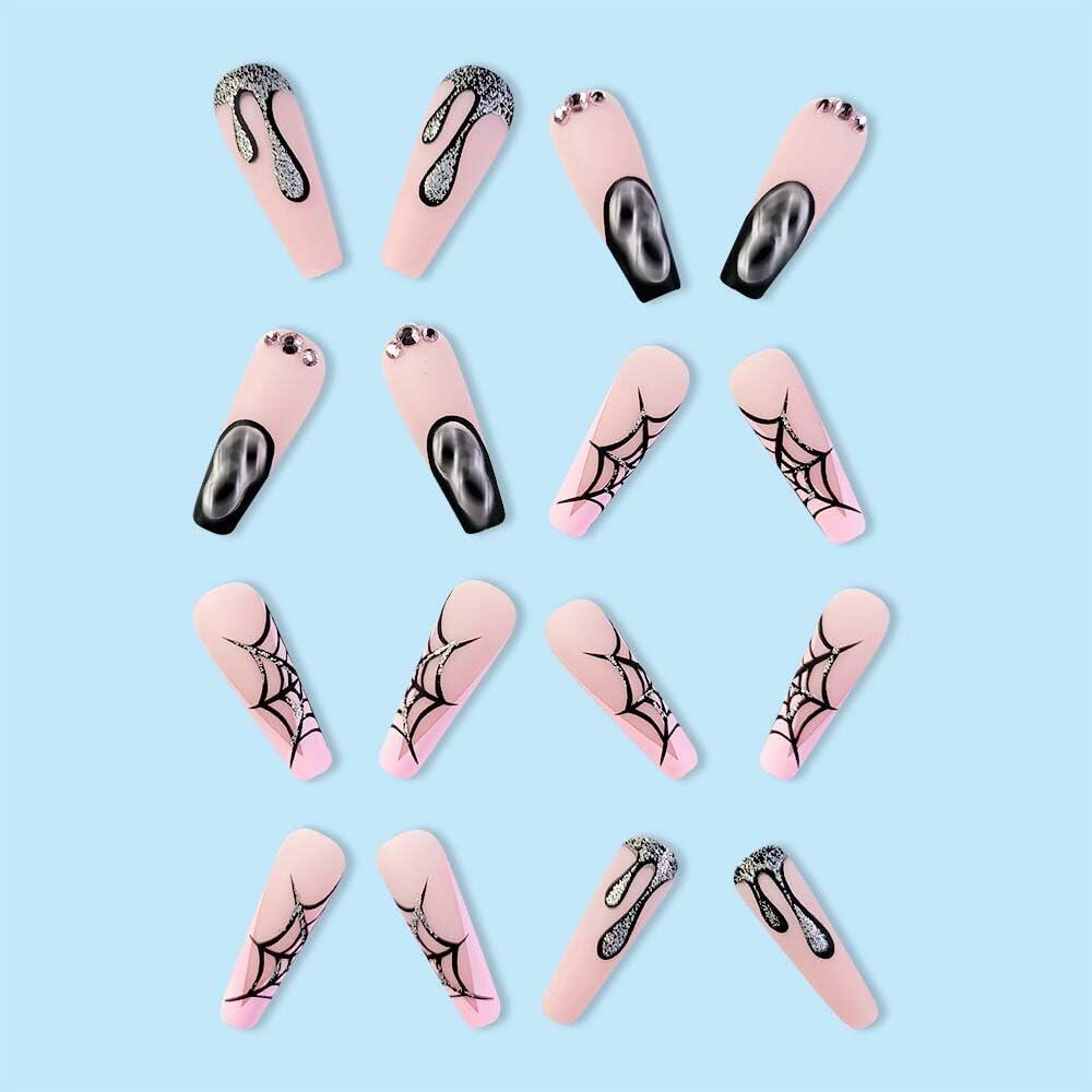 HPYFOI Halloween Press On Nails Long Coffin Matte Spider Web Ghost 24Pc