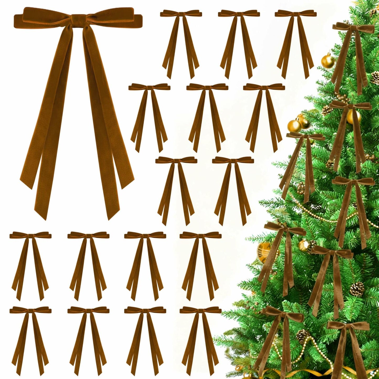CUPLOOV 24 Pcs Brown Velvet Ribbon Bows 5x7 Inch Christmas Tree Decor