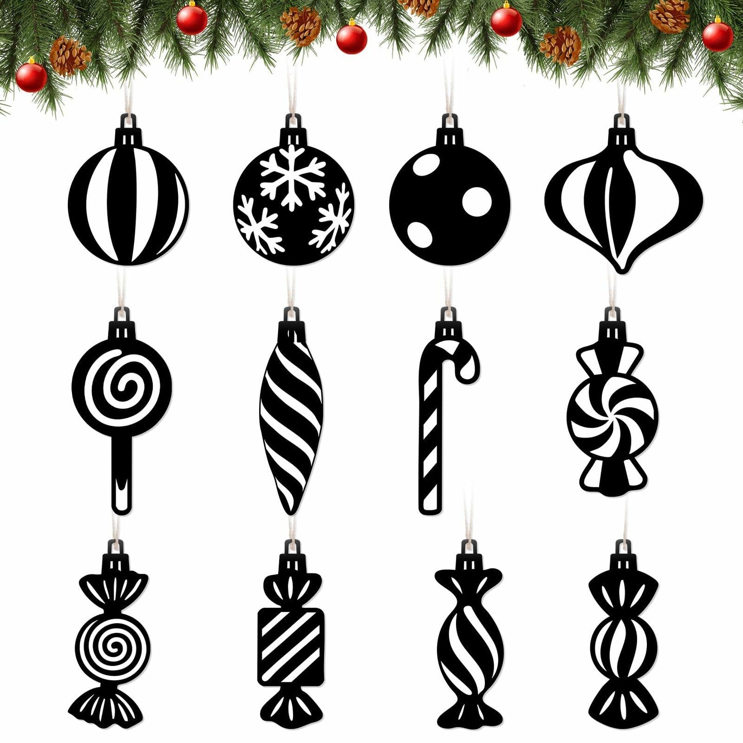 Arosche Christmas Candyland Tree Decorations 24Pcs Wooden Black Ornaments