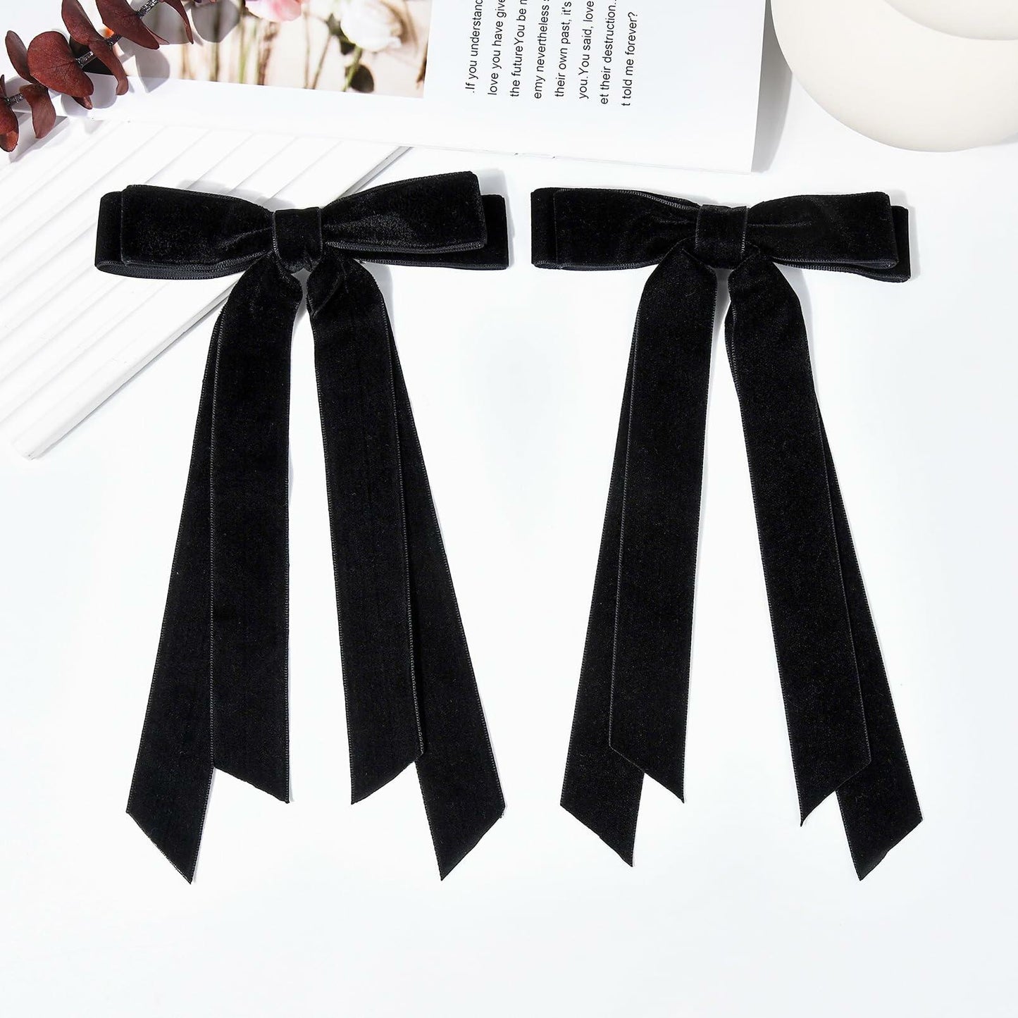 Aileam 2PCS Black Velvet Hair Bows Ribbon Clips Metal Ponytail Holder