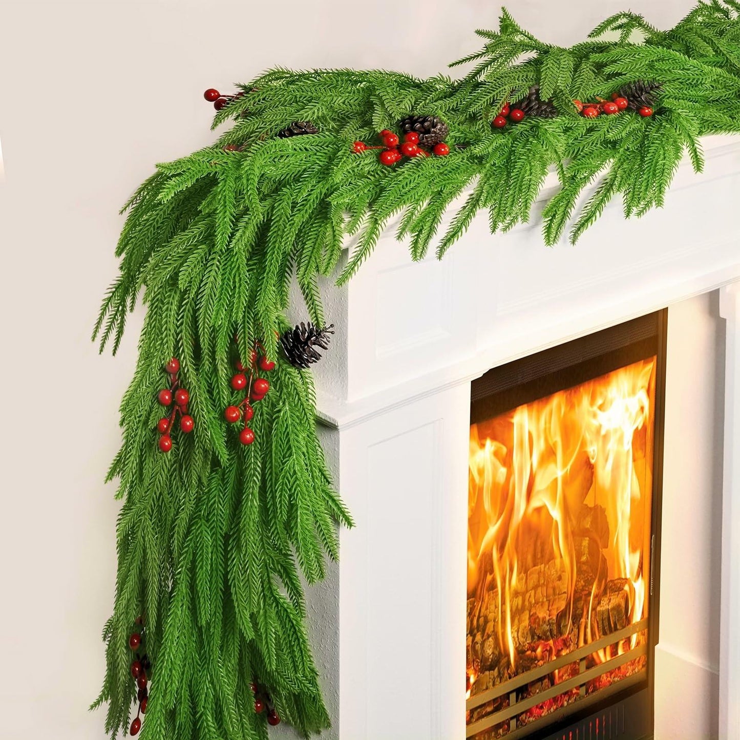 COAZEX 6FT Norfolk Pine Garland Real Touch Greenery with LED Lights Gold Ribbon