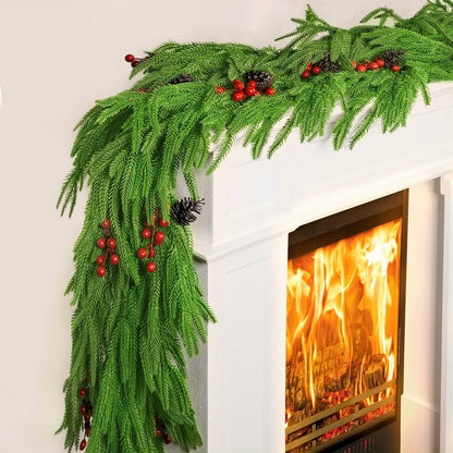 COAZEX 6FT Norfolk Pine Garland Real Touch Greenery with LED Lights Gold Ribbon