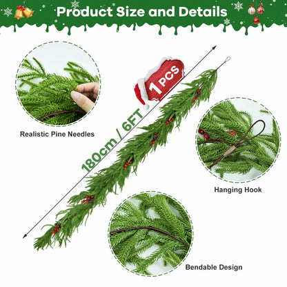 COAZEX 6FT Norfolk Pine Garland Real Touch Greenery with LED Lights Gold Ribbon