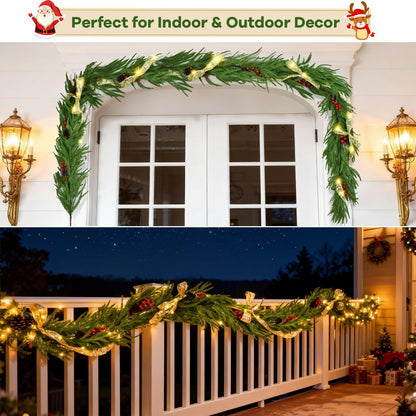 COAZEX 6FT Norfolk Pine Garland Real Touch Greenery with LED Lights Gold Ribbon