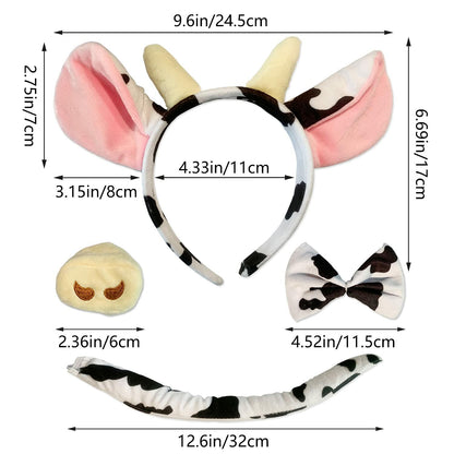 JIALWEN Cow Animal Costume Set 4Pcs Ears Nose Bowtie Tail Unisex White Size