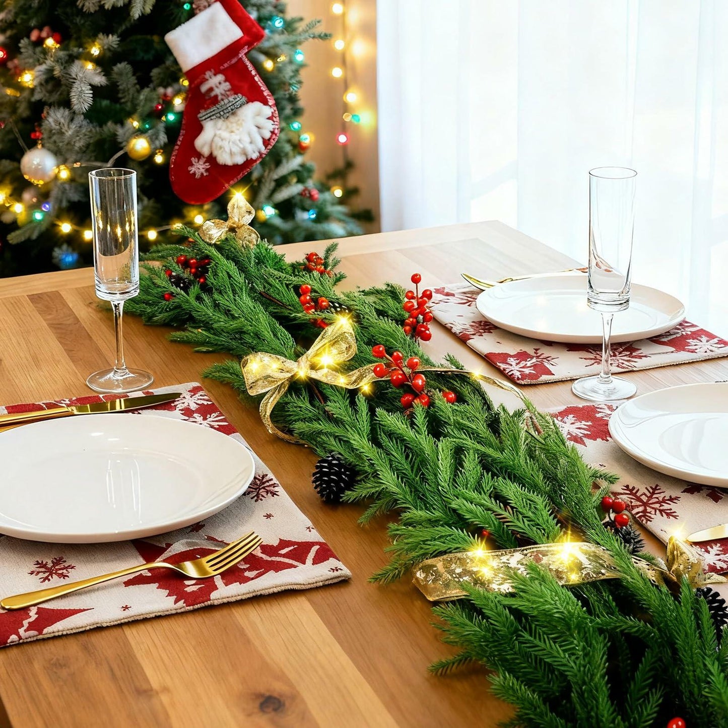 COAZEX 6FT Norfolk Pine Garland Real Touch Greenery with LED Lights Gold Ribbon