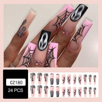HPYFOI Halloween Press On Nails Long Coffin Matte Spider Web Ghost 24Pc
