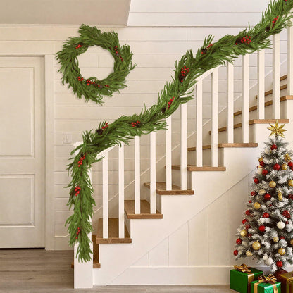 COAZEX 6FT Norfolk Pine Garland Real Touch Greenery with LED Lights Gold Ribbon