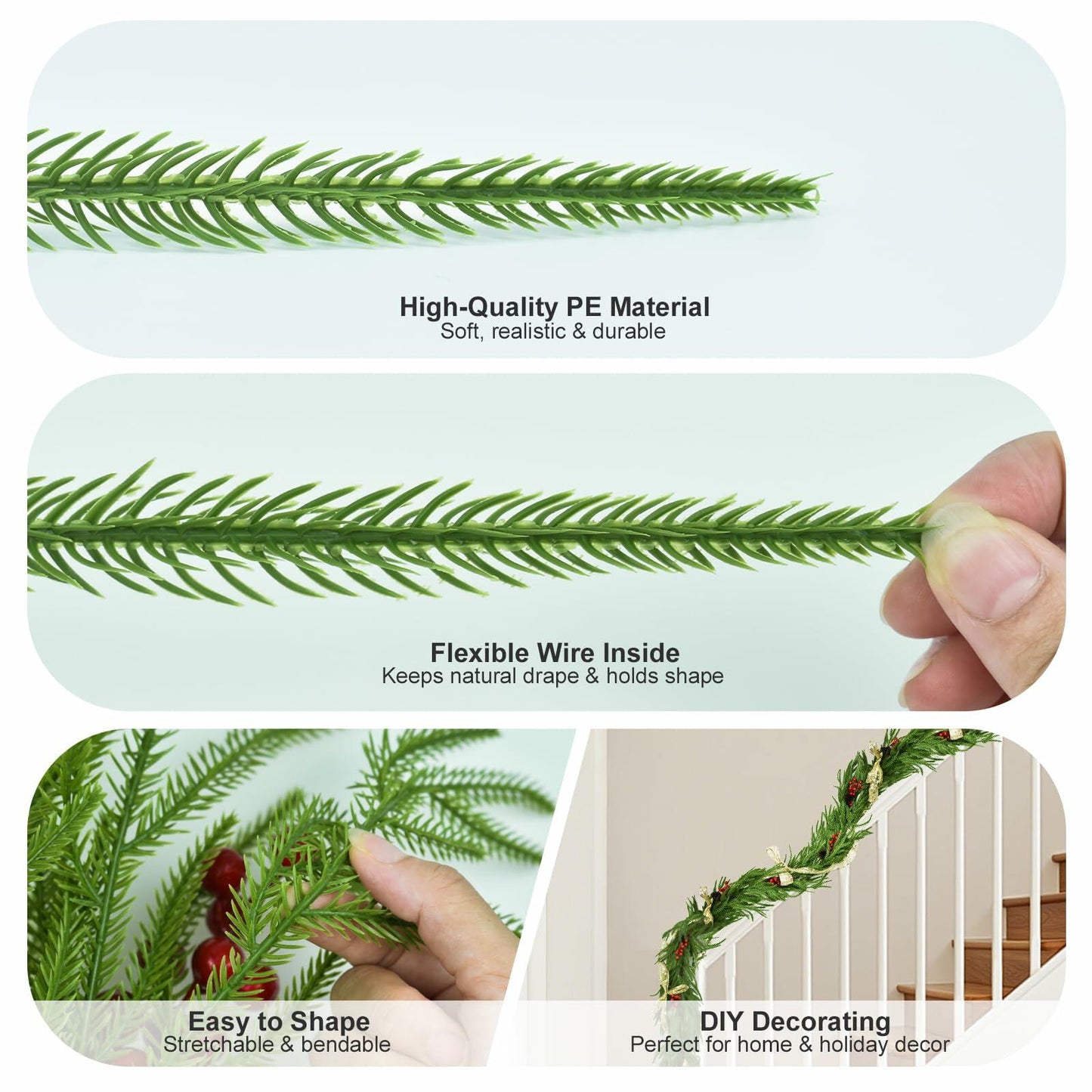 COAZEX 6FT Norfolk Pine Garland Real Touch Greenery with LED Lights Gold Ribbon