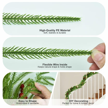 COAZEX 6FT Norfolk Pine Garland Real Touch Greenery with LED Lights Gold Ribbon