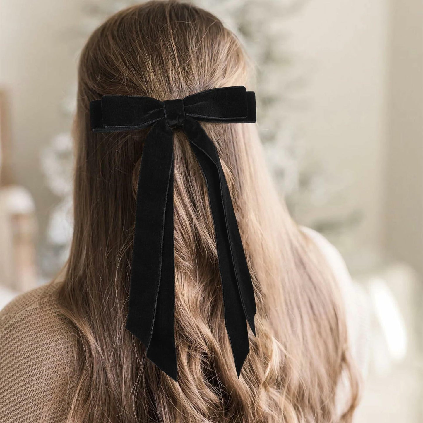 Aileam 2PCS Black Velvet Hair Bows Ribbon Clips Metal Ponytail Holder
