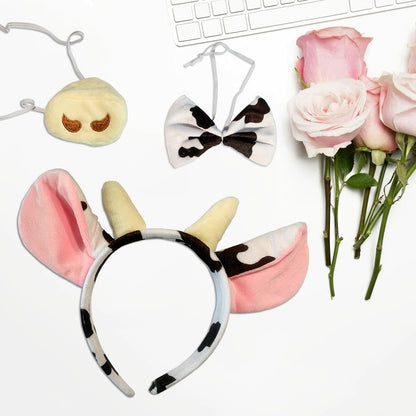 JIALWEN Cow Animal Costume Set 4Pcs Ears Nose Bowtie Tail Unisex White Size