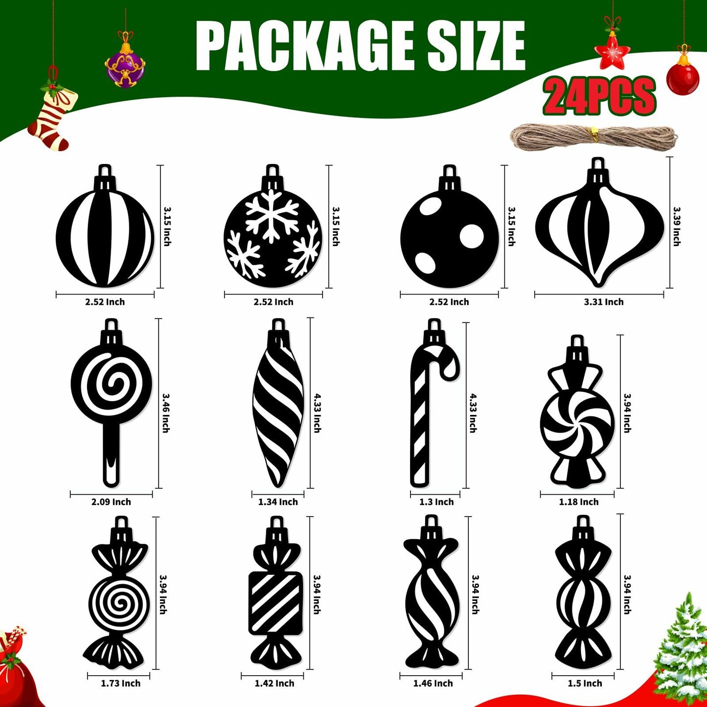 Arosche Christmas Candyland Tree Decorations 24Pcs Wooden Black Ornaments