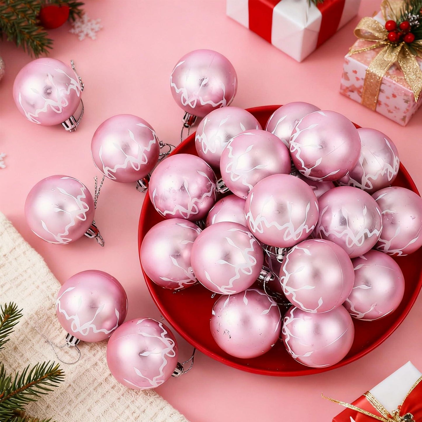 Sosation 24 Pink White Bow Ball Ornaments 1.97 Inch Christmas Tree Decor