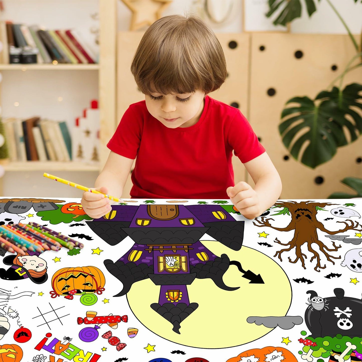 AKEROCK Halloween Coloring Tablecloth Decorations 118x54 Inches Paper