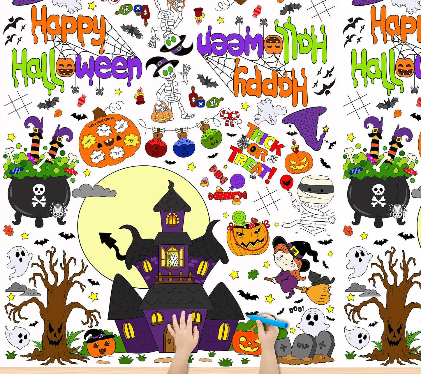 AKEROCK Halloween Coloring Tablecloth Decorations 118x54 Inches Paper