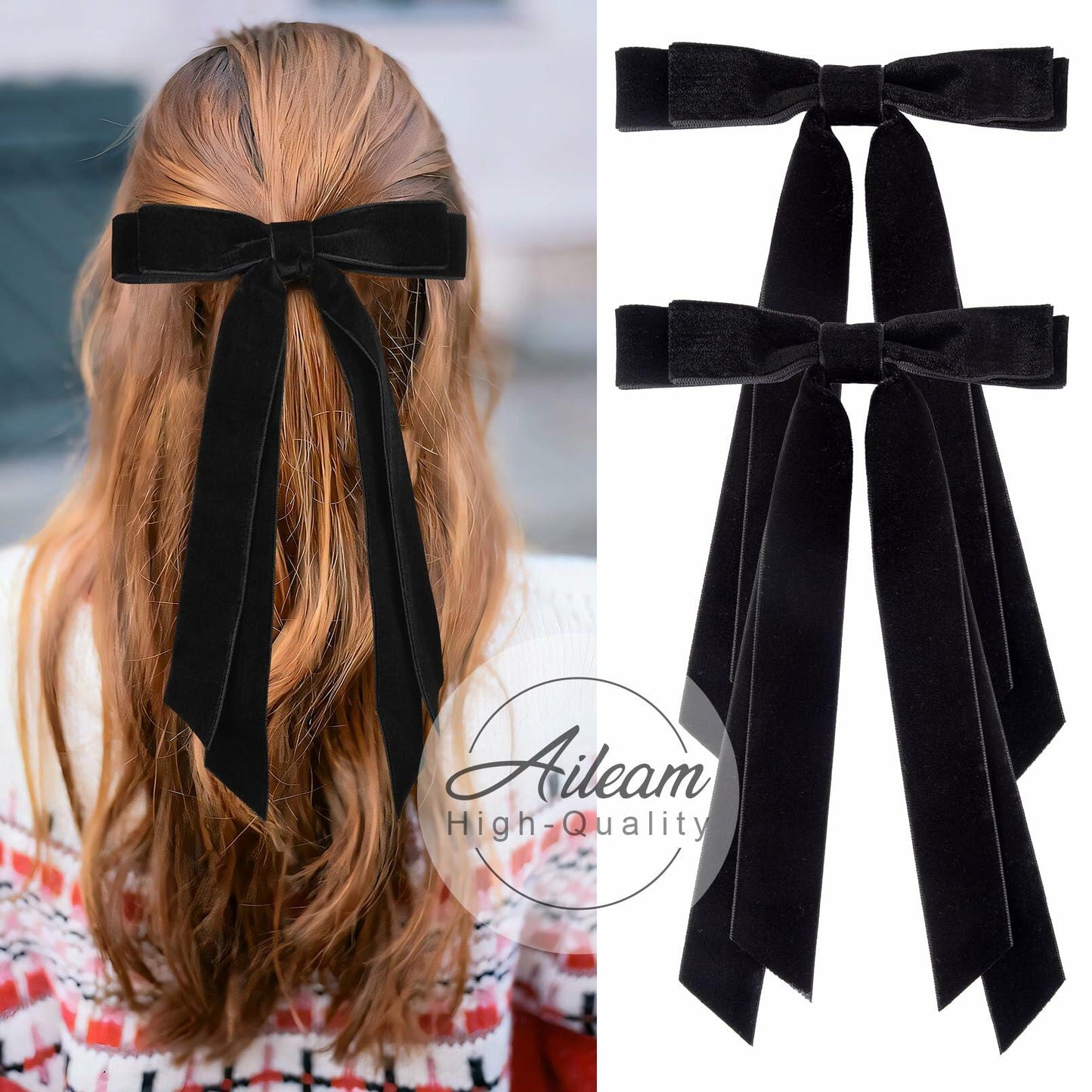 Aileam 2PCS Black Velvet Hair Bows Ribbon Clips Metal Ponytail Holder