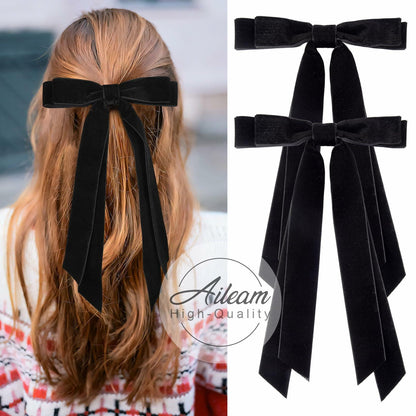 Aileam 2PCS Black Velvet Hair Bows Ribbon Clips Metal Ponytail Holder
