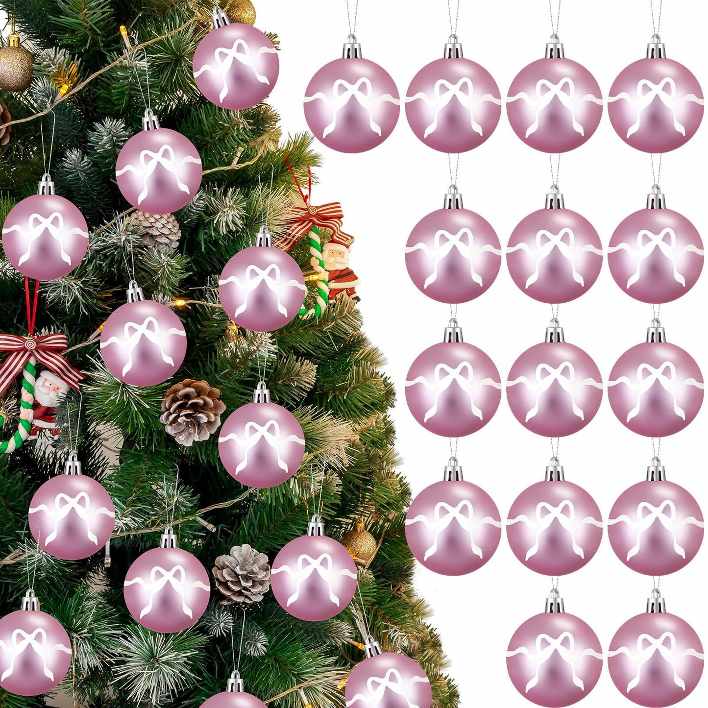Sosation 24 Pink White Bow Ball Ornaments 1.97 Inch Christmas Tree Decor