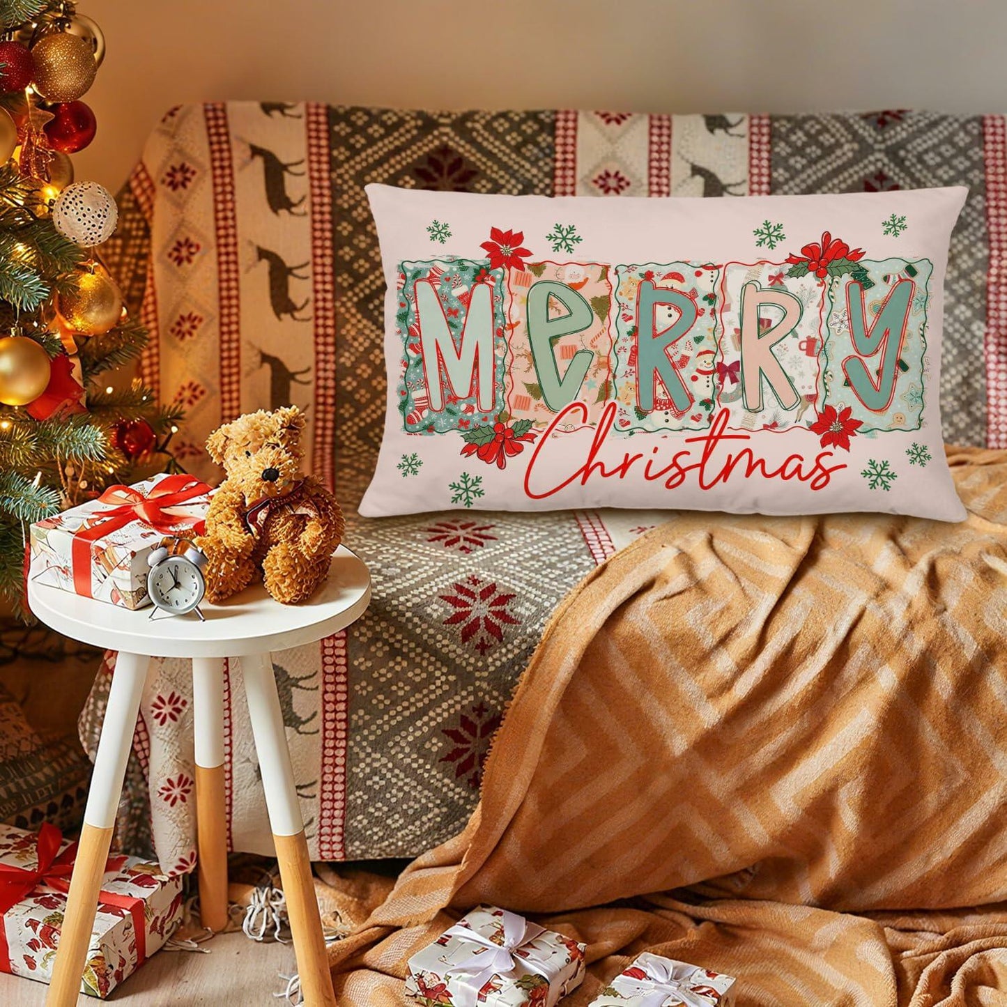 MOLYUB Pink Merry Christmas Floral Pillow Cover 12x20 Inches Polyester
