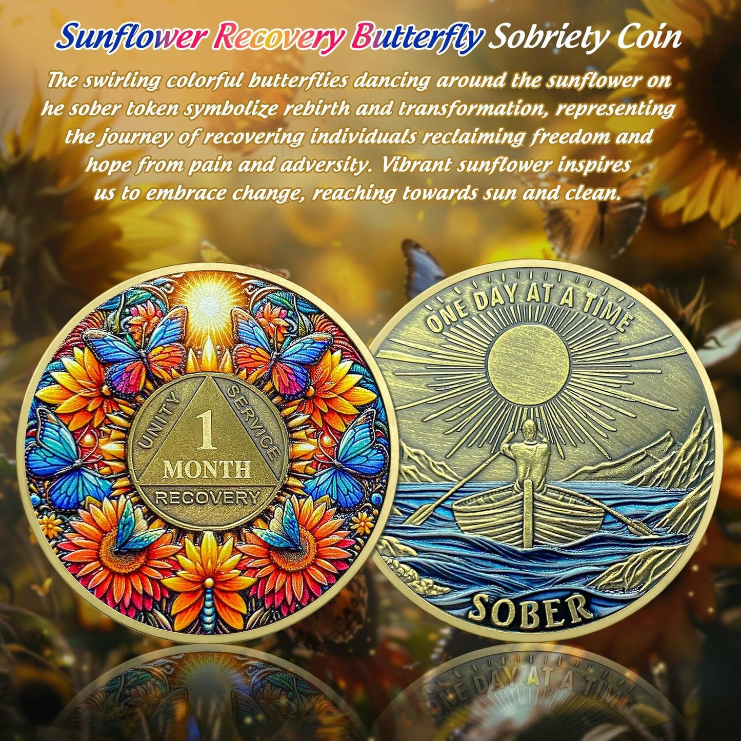 Sunflower 1 Year Sobriety Coin AA NA Recovery Medallion Butterfly Gift