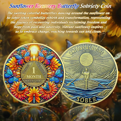 Sunflower 1 Year Sobriety Coin AA NA Recovery Medallion Butterfly Gift