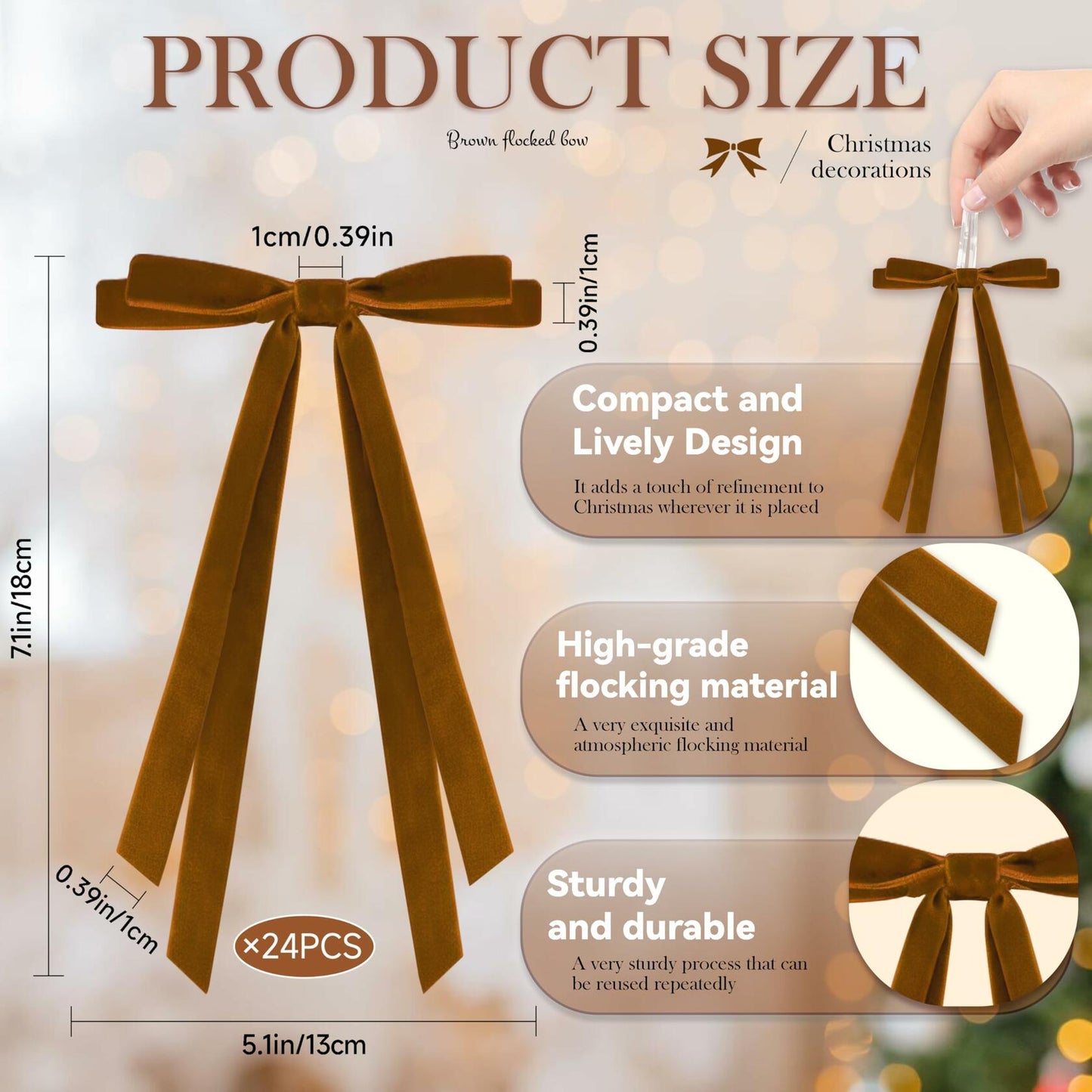 CUPLOOV 24 Pcs Brown Velvet Ribbon Bows 5x7 Inch Christmas Tree Decor