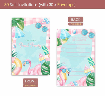 VAVINCI Pool Party Birthday Invitations for Girls 30 Sets with Envelopes