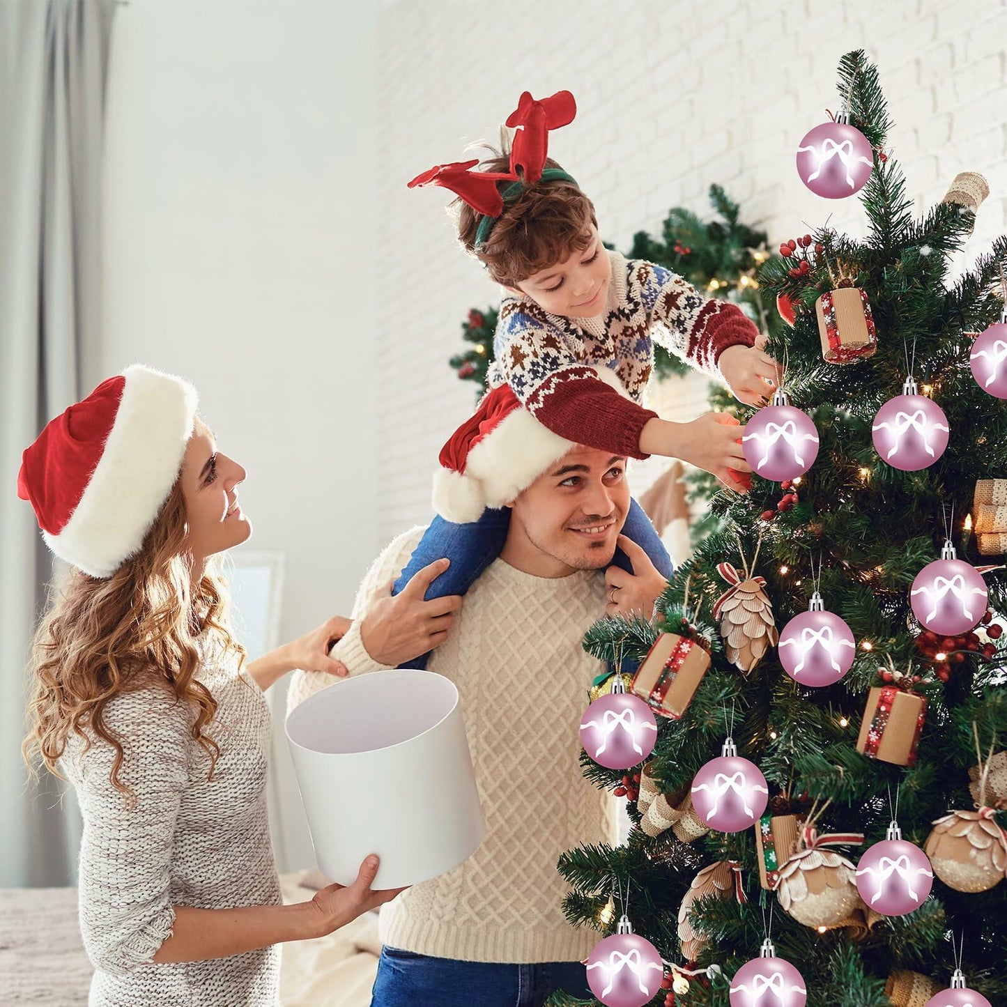 Sosation 24 Pink White Bow Ball Ornaments 1.97 Inch Christmas Tree Decor