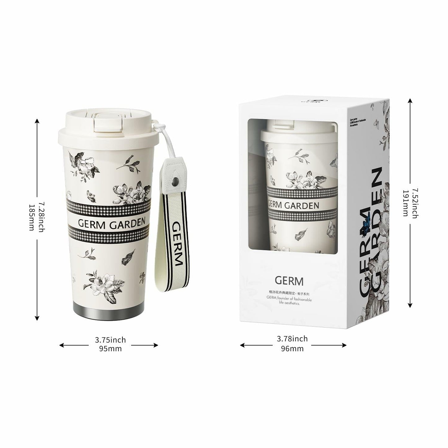 GERM 20oz Stainless Steel Tumbler Travel Mug Double Wall Leak Proof White