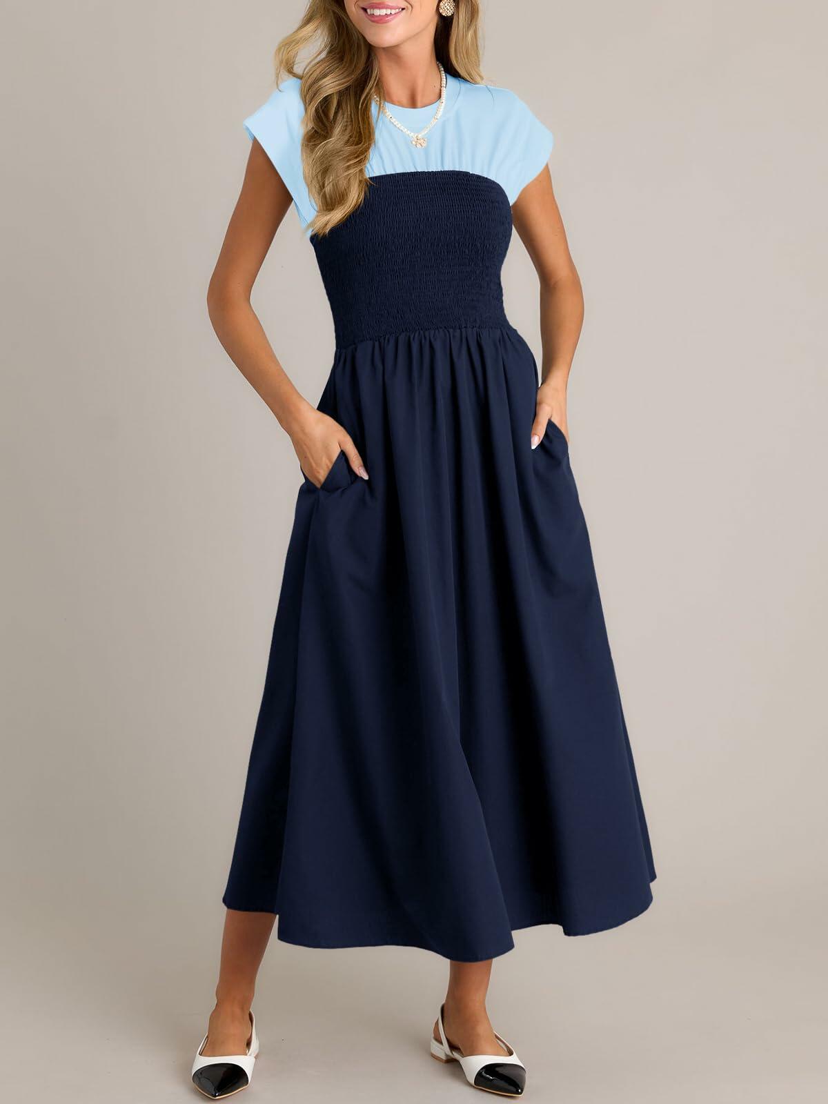 Wenrine Womens Casual Summer Midi Dress Smocked Cap Sleeve Navy Size S